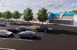 Rendering of the facility from the parking lot. Image shows cars and trees on the asphalt parking lot and the Family Y logo and the building