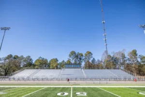 New pressbox on stadium from the 50-yard line