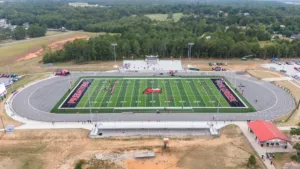 Aerial of football field during the day