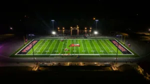 Aerial view of football field at night