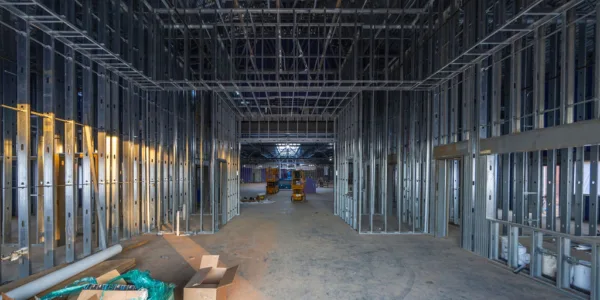 Photo shows construction of the school with just the steel beams
